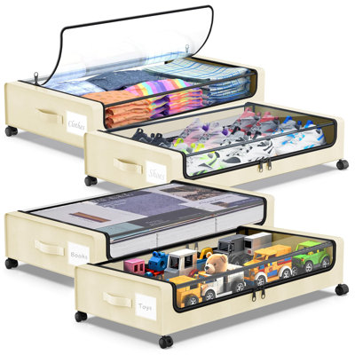 Rangement sous lit à roulettes, contenants de rangement sous lit avec couvercles transparents, organisateur de chaussures sous lit, rangement à roulettes sous lit pour vêtements, chaussures et couvertures, lot de 4, (beige)