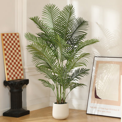 Adcock Faux Palm Plants with Round White Planter Pre Potted Fake Greenry Palm Tree for Home Decor