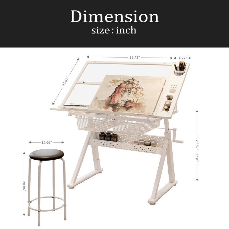 Hand Crank Adjustable Tempered Glass Drafting Drawing And Printing Table With Chair And Storage Space For Living Room, Study, Bedroom
