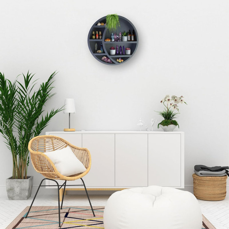 Wooden Crescent Moon Wall Shelf - Boho Home Decor Hanging Display Shelf For Bedroom, Living Room, Nursery - Handcrafted Storage Shelf For Crystals, Plants, And Essential Oils