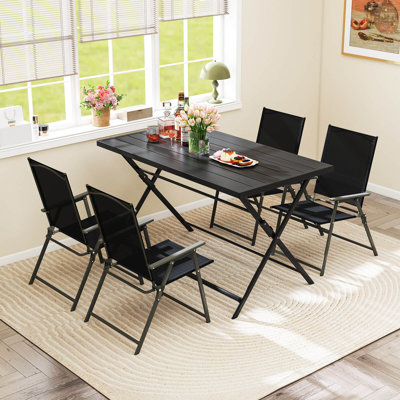 5 PCS Foldable Outdoor Dining Set,Large Rectangular Metal Table 4 Mesh Armchairs Black