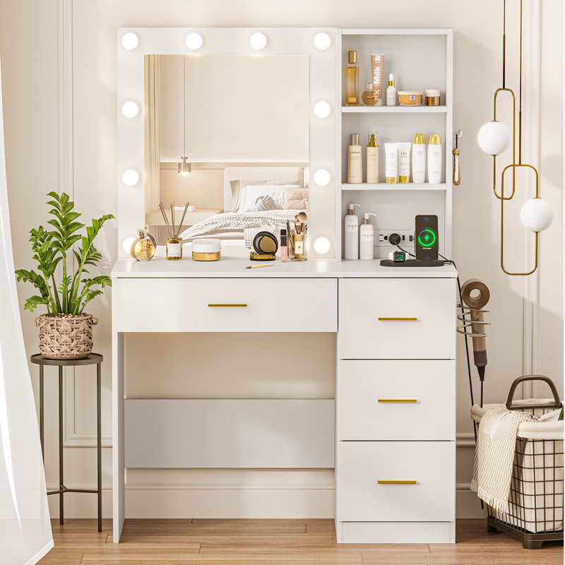 Makeup Vanity Desk With With 10 Light 3 Lighting Modes Brightness And Mirror And Power Outlet, White