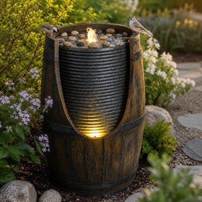 Wooden Barrel Water Pump Fountain 14.6x14.6x24.8 Inches Resin Brown Gray Waterfall