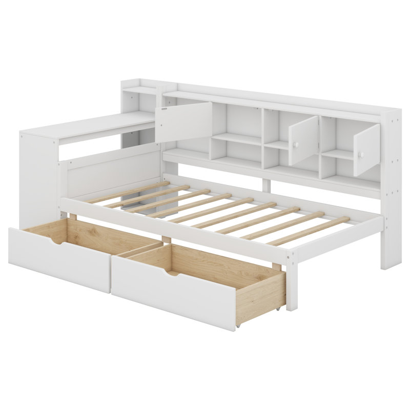 Wooden L-Shape Daybed With Seven Storage Cabinets,Two Storage Drawers,Study Desk And Built-In Bookshelf, White, Twin