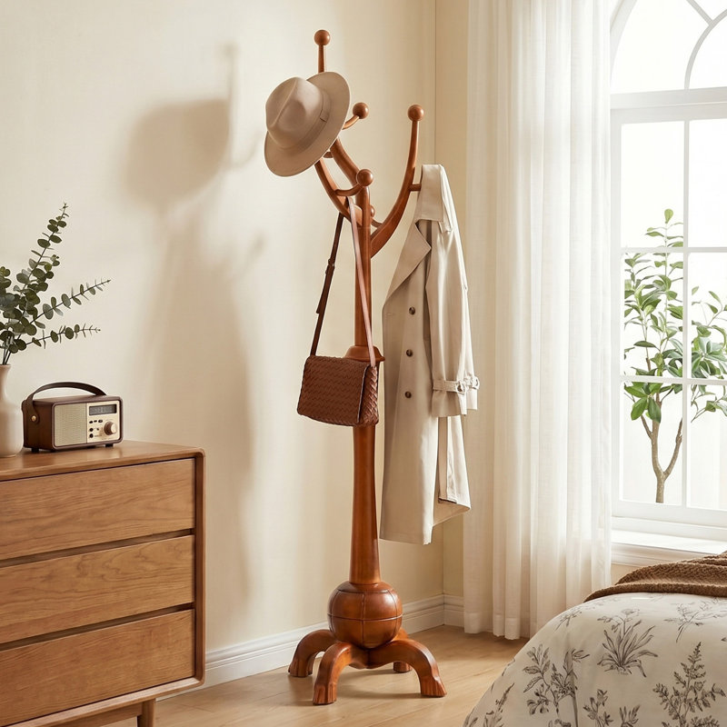Janiya 8-Hook Solid Wood Freestanding Coat Rack, Light Brown