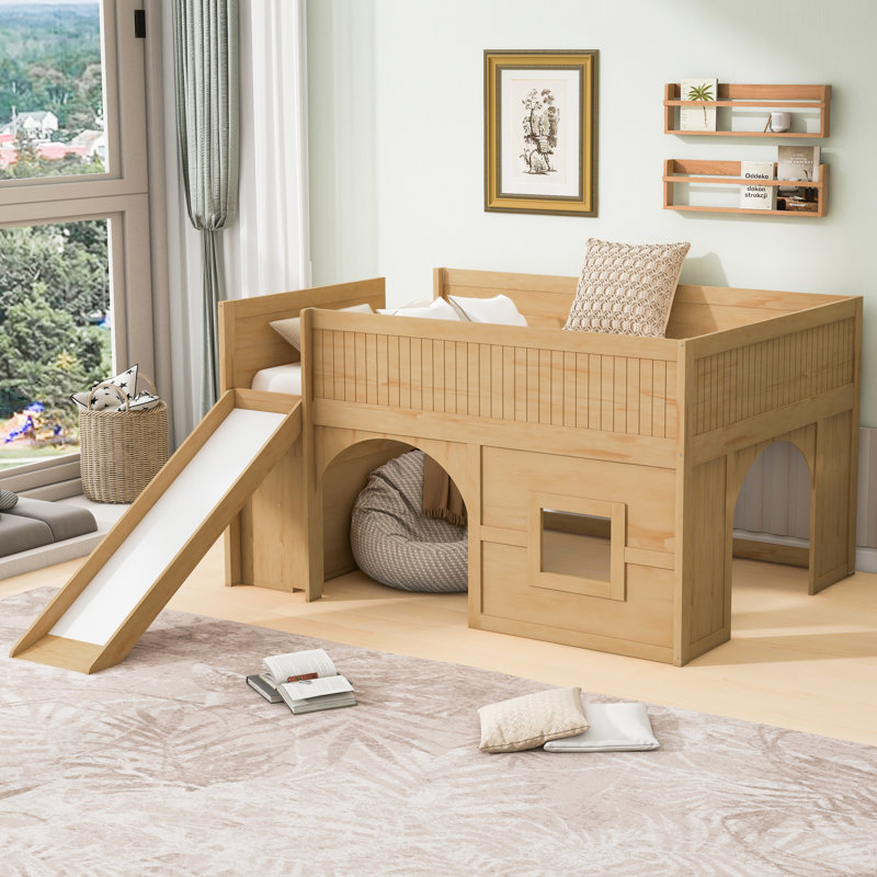 Mapleton All-in-One Low Loft Bed With Storage Shelves And Slide, Natural