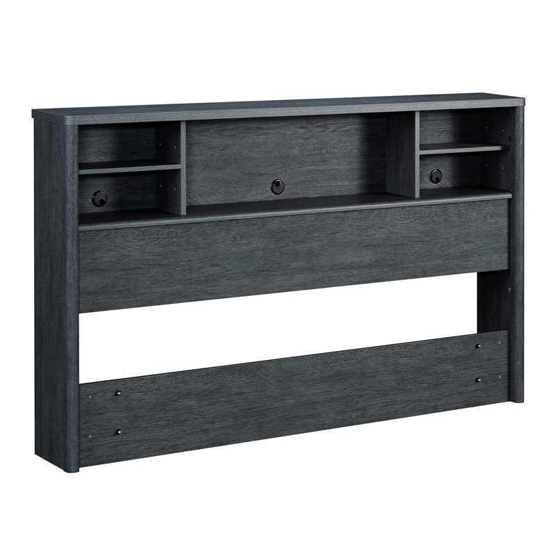 Tête de lit bibliothèque double / grand, finition denim + brun, tête de lit élégante, multifonctionnel, compatible avec les matelas de taille double et grand format, ton gris contemporain, tablettes réglables, compact