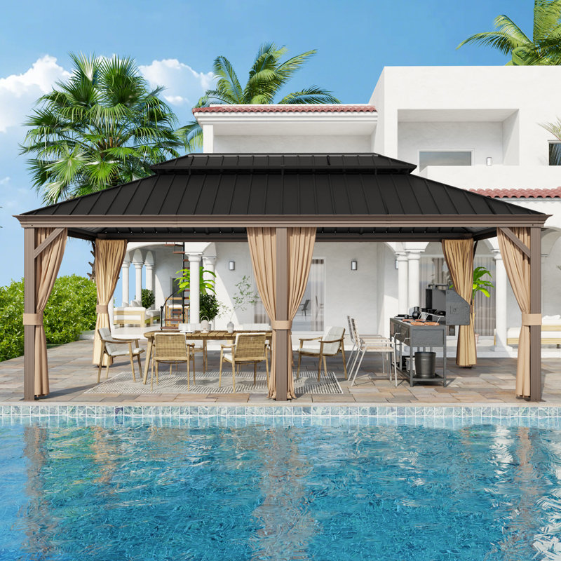 19.8 FT.W × 11.9 FT.D Outdoor 2-Tier Steel Hard Top Patio Gazebo with Total Mesh Protection, 120" H x 237.6" W x 142.8" D