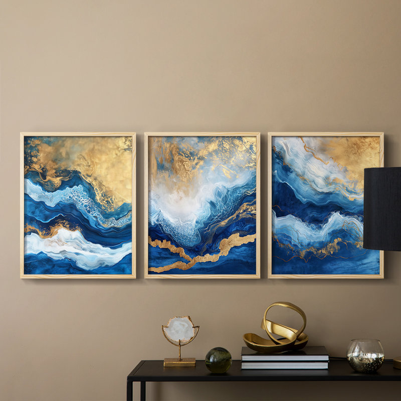 Abstract  Series  CXL  -Set Of 3 Framed Giclee Prints -Ready to Hang, 10" H x 8" W, Natural Framed