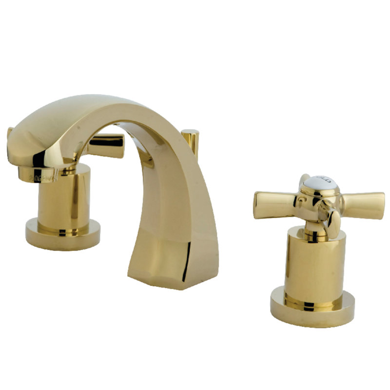 Kingston Brass Millennium Two-Handle 3-Hole Deck Mount Widespread Bathroom Faucet with Brass Pop-Up Drain, Polished Brass