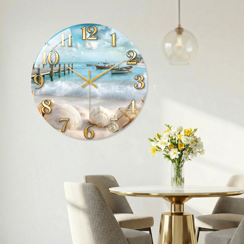 «Beach Scene», horloge murale en verre, 40 x 40 cm (15,7 x 15,7 pouces)