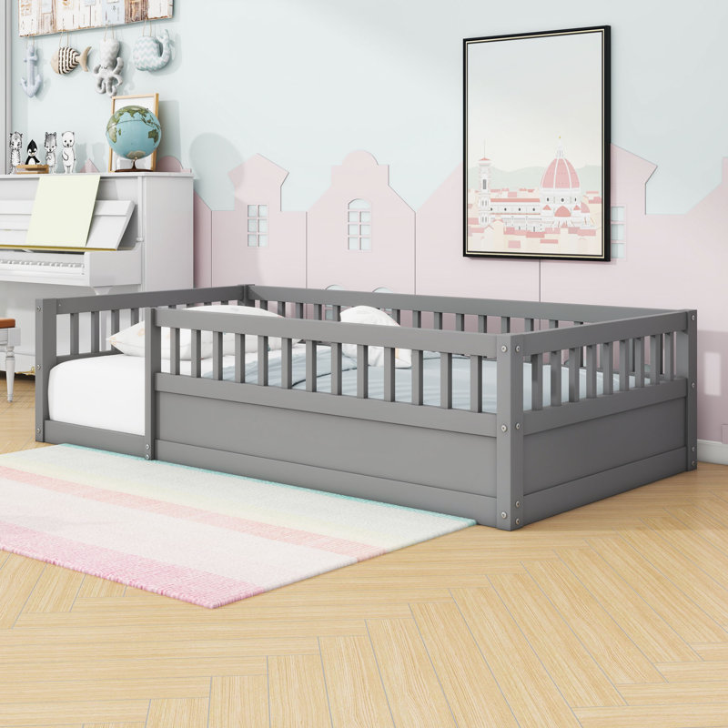 Floor Bed Frame with High Guardrails and Low Profile Design, Twin, Grey