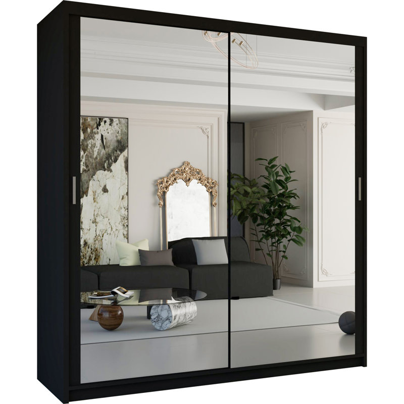 Branca Sliding Mirror Door Wardrobe with Shelves & Hanging Rails – Space-Saving Bedroom Storage – Multiple Sizes, Black