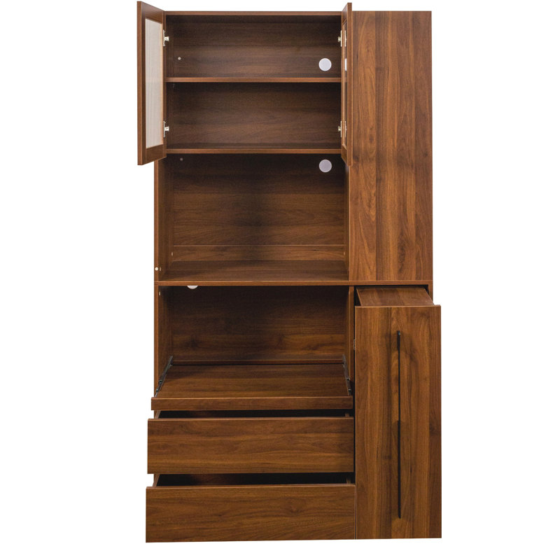 Armoire de cuisine avec étagère de rangement à plusieurs niveaux, 2 tiroirs et porte vitrée