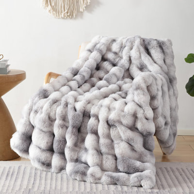 Faux Fur Throw Blanket for Couch Rabbit Fleece - Tie-dye Grey Fluffy Blanket for Sofa Bedroom Living Room, Cozy Soft Plush Luxury Thick Winter Fuzzy Comfy Bubble Blanket - 60" x 80"