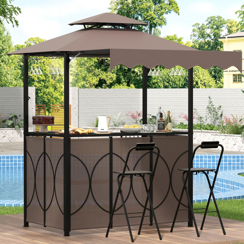 3-piece Outdoor Bar Set, Grill Gazebo With Double-tier Awning, 6.4'x 6.9' Outdoor Bbq Canopy With Bar Table, 2 Foldable Chairs, Storage Shelves And Glass Holders For Patio Poolside Garden
