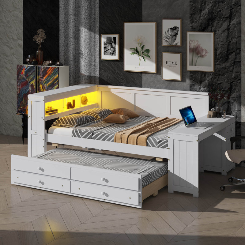 Full-Size Daybed With Drawers, Trundle Bed, Charging Spot, LED Lights, Workstation, And Storage Unit, White