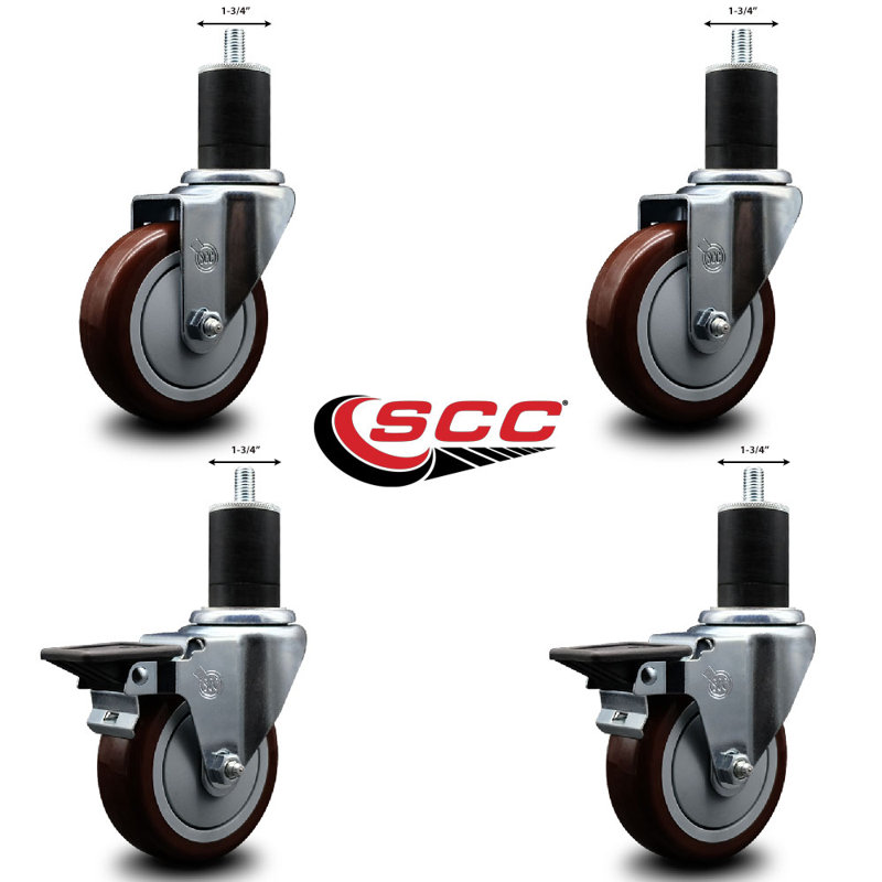 Ensemble de roulettes extensibles pivotantes en poly sur roulettes 2 freins SCC PLB 4 po x 1-3 / 4 po, Marron
