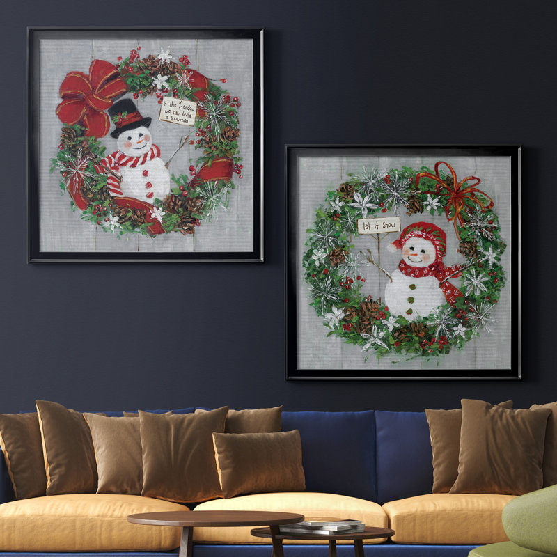 Mr. Snowman - Ensemble de 2 reproductions d'art encadrées, H 17,5 po x l 35 po x P 1,5 po, Toile avec cadre noir