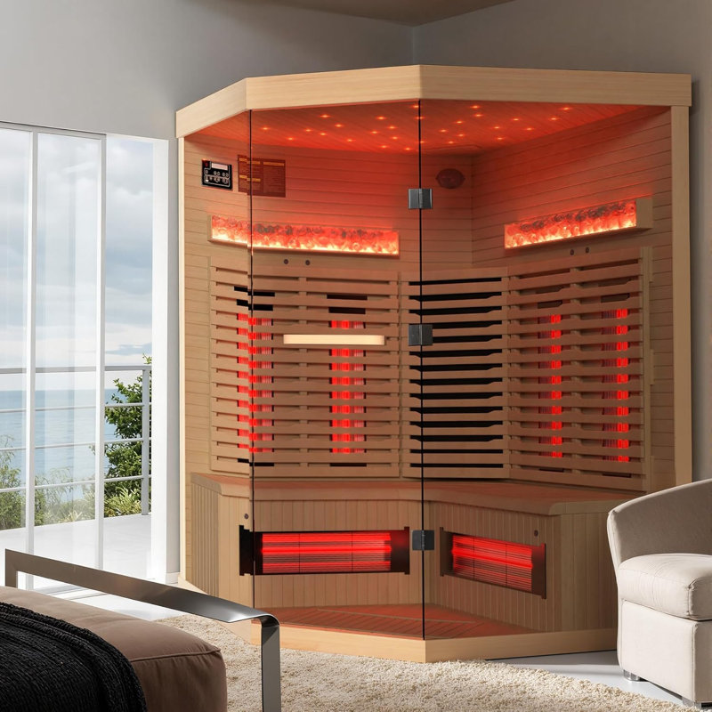 3-4 Person Infrared Corner Sauna – Home Spa with Himalayan Salt Therapy, Starry Sky Ceiling, Canadian Hemlock, and Tempered Glass (220V, ETL Certified)