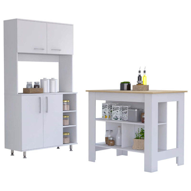 Ralston 7-Shelf 4-Door 2-Piece Kitchen Set, Kitchen Island And Pantry Cabinet White And Light Oak, White/Natural