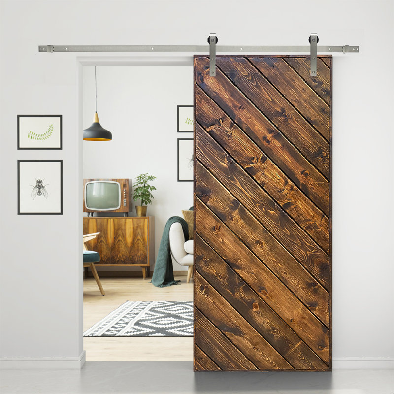 Panelled Wood and Metal Painted Barn Door with Installation Hardware Kit, Black, 84"H x 36"W x 2"D