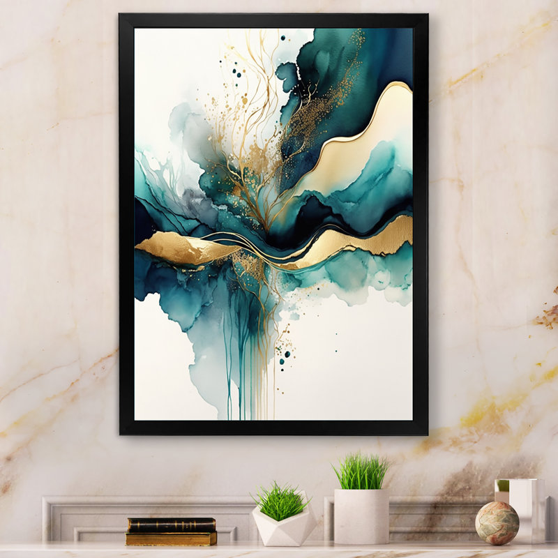 «Teal and Gold Abstract Expression III», art mural moderne sur toile, Impression encadrée, H 20 po x l 12 po, Noir