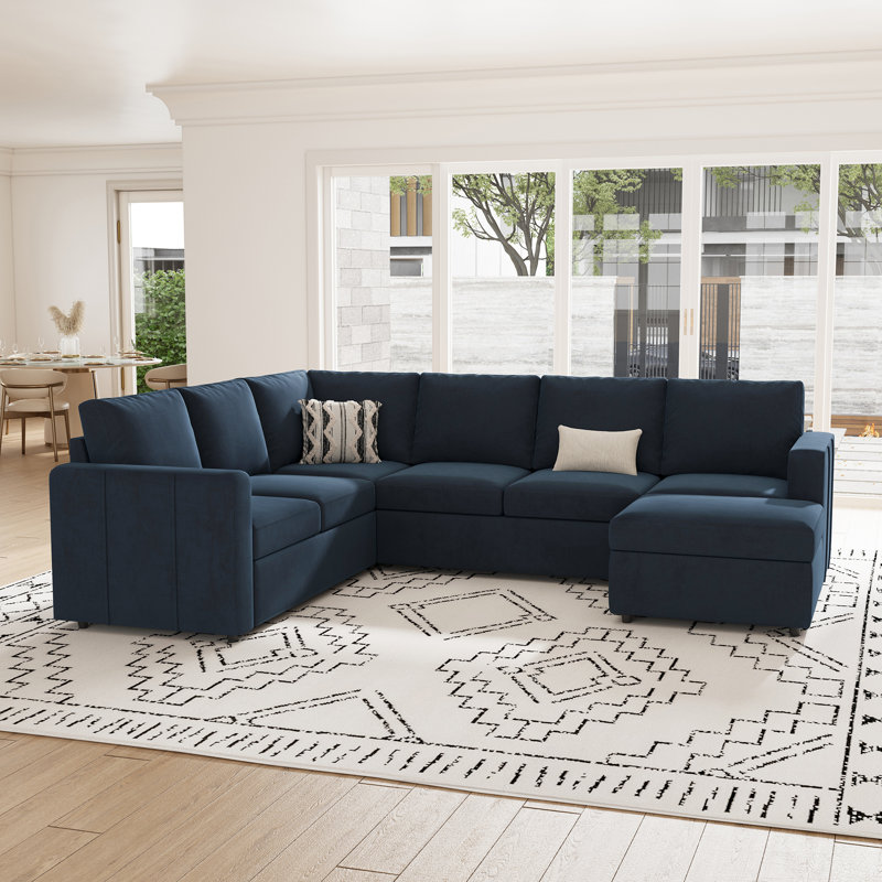 Ensemble de canapé modulaire en L avec grand espace de rangement, Velours bleu