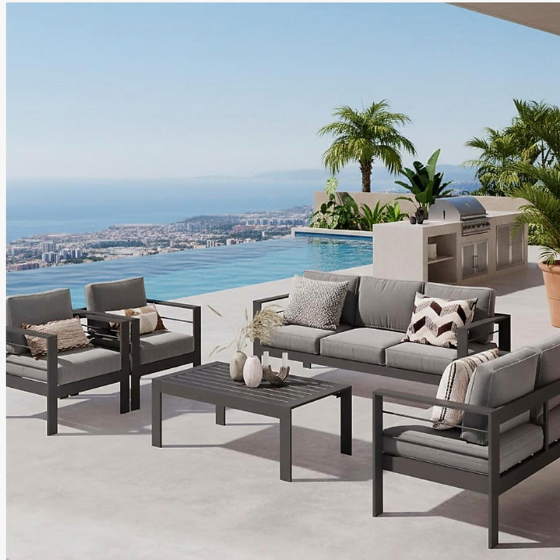 5-Piece Modern Aluminum Patio Conversation Set,  7-Seat Outdoor Sofa with  Thick Dark Gray Cushions & Gray Frame and Coffee Table