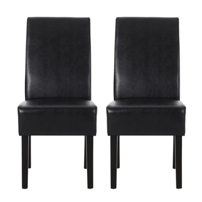 Dining Side Chair Set Of 2, Black Rubberwood, Faux Leather Cushions