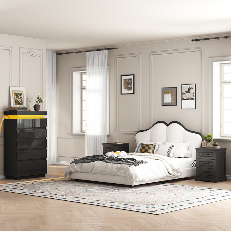 Ensemble de rangement de 3 pièces pour chambre à coucher : commode haute à 6 tiroirs avec éclairage DEL et 2 tables de chevet