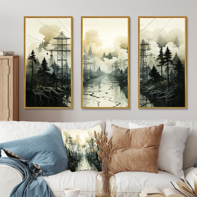 «Stormy Edges Power Lines Fog Mountains», ensemble d'art sur toile