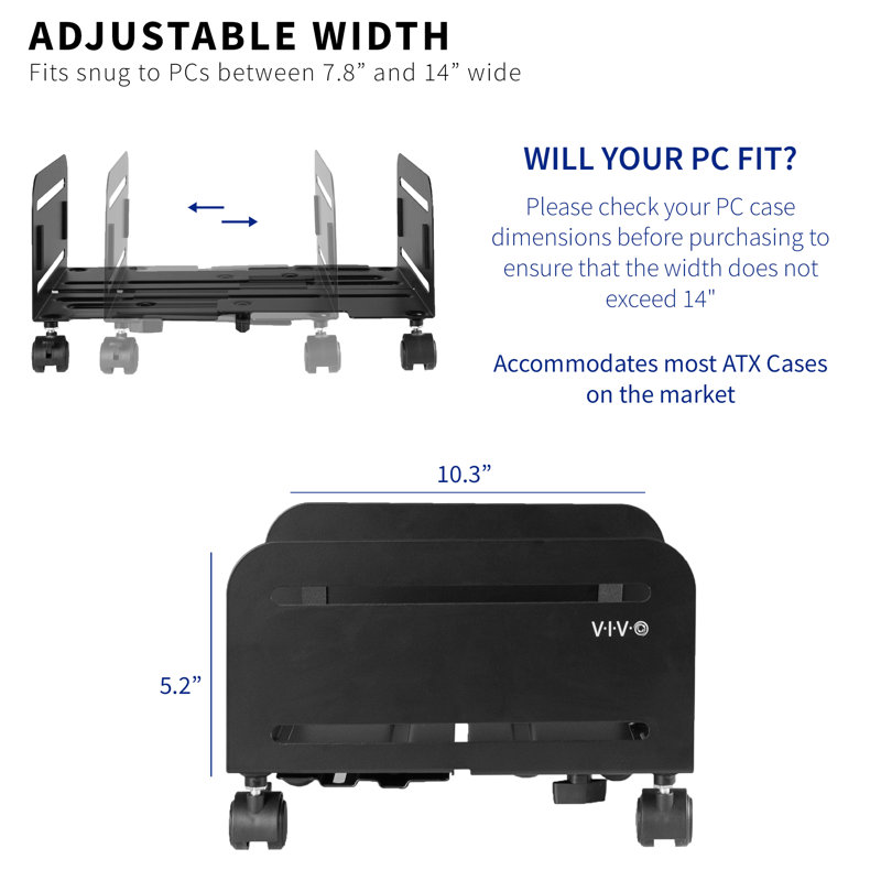 Black Adjustable Steel Rolling CPU Cart with Locking Wheels
