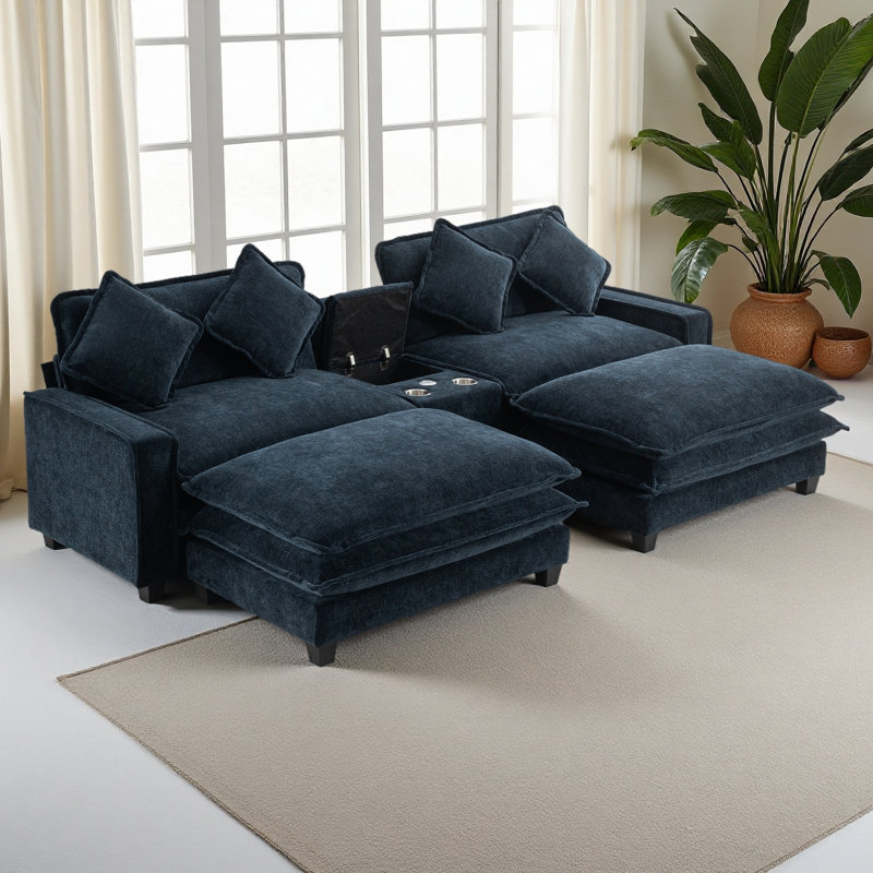 111" Sectional Sofa Chenille Upholstered Sofa With Two Removable Ottoman, Two USB Ports, Two Cup Holders And Large Storage Box For Living Room