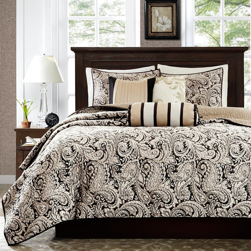 Courtepointe 6 pièces avec coussins décoratifs - courtepointe Glorious noir, tissu, envers en microfibre, rembourrage en coton pour le style, coussins brodés, lavable à la machine, confort, lavage facile