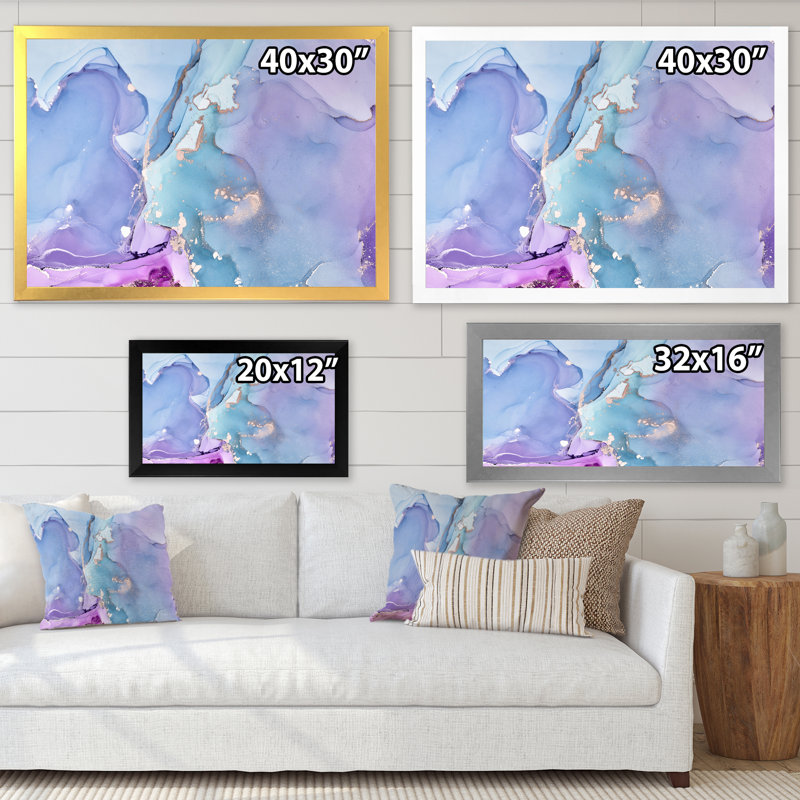 Art liquide bleu avec veines dorées II - reproduction sur toile, H 30 po x l 40 po, Toile avec cadre de coin noir fermé