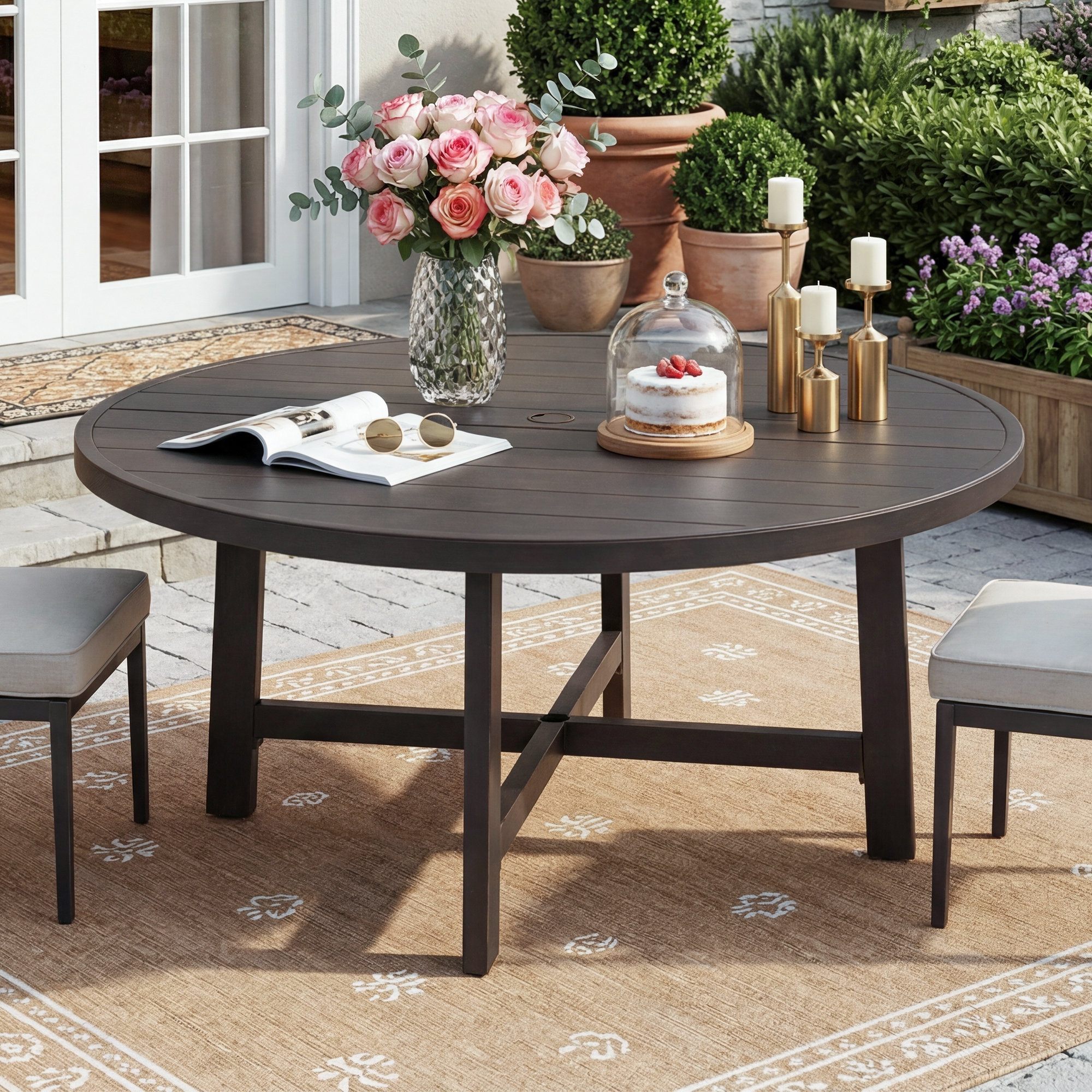 6 person round patio table with umbrella hole Outdoor Picnic Table, 6 Person Picnic 3 Built In Benches, Hole, Outside Table And Bench Set For Garden, Backyard coated steel Wood Round Patio Table For