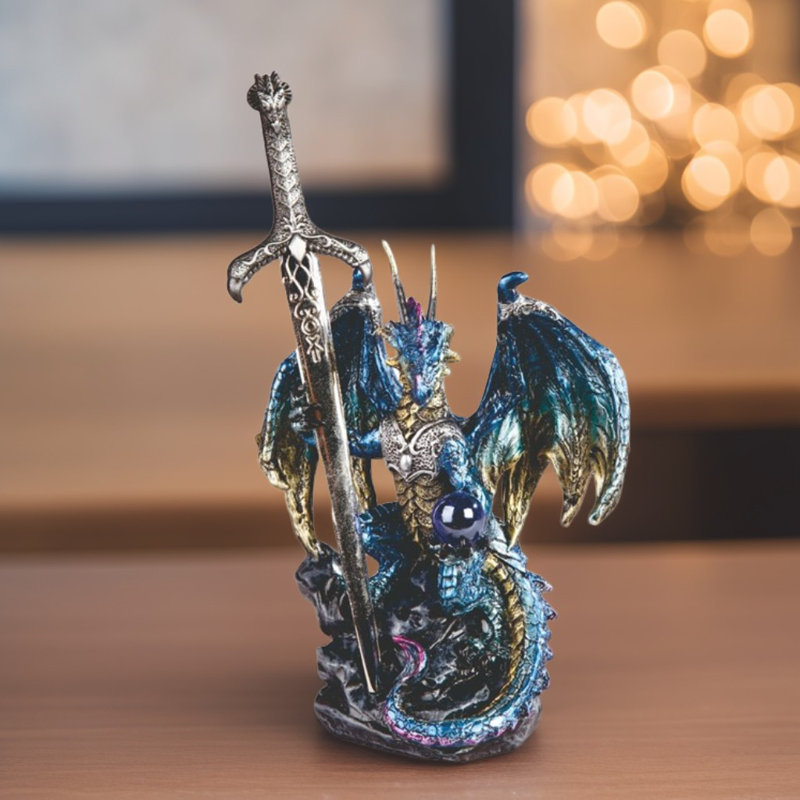 5"H Blue Dragon with Sword Figurine