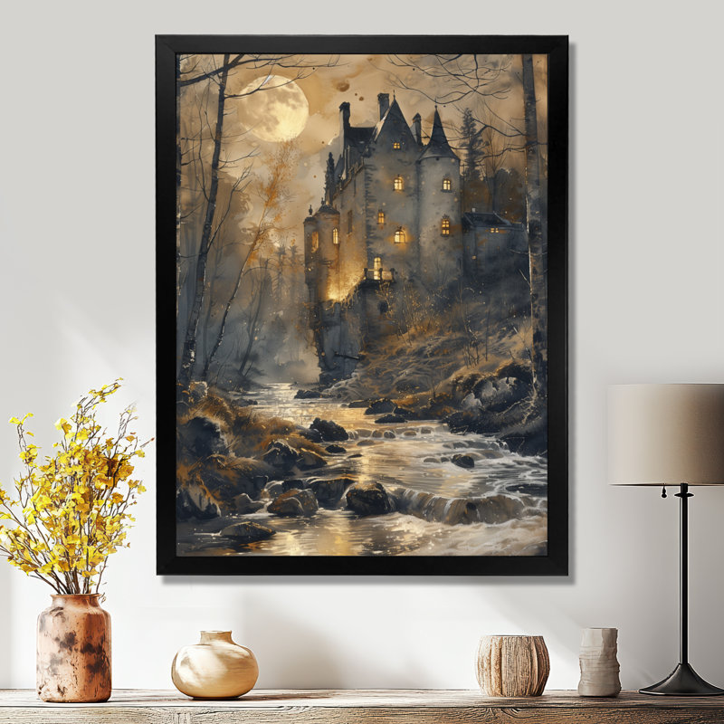 Art mural mural jaune et beige au clair de lune, H 20 po x l 12 po x P 1 po, Toile encadrée noire simple