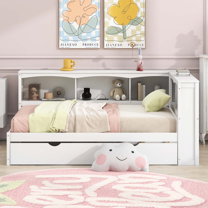 Daybed With Trundle,Storage Cabinets And USB Ports, White