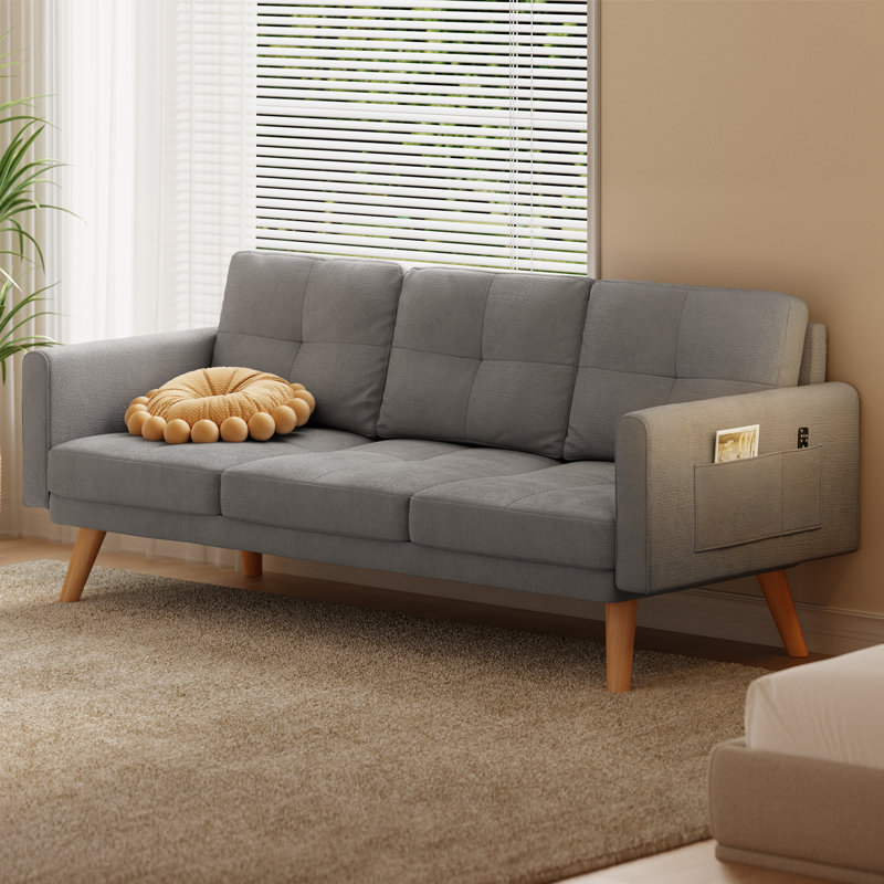 Canapé rembourré de 68 po de large Kaizlyn - mélange de lin, pieds robustes en bois et poche latérale, 100 % lin gris
