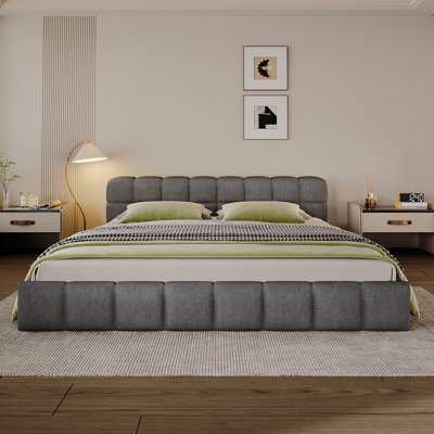 Elegant Beige Chenille Upholstered Bed With Checkerboard Design, Queen, Grey by Mercer41