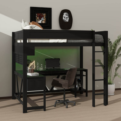 Lit mezzanine double en bois pour jouer, bureau intégré, ports USB et rangement