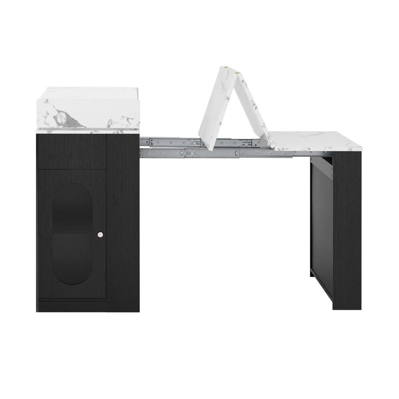 Extendable Dining Table with Folding Tabletop, White Marble/Black