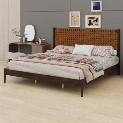Minimalist Wood Platform Bed with Artisan Woven Vegan Headboard