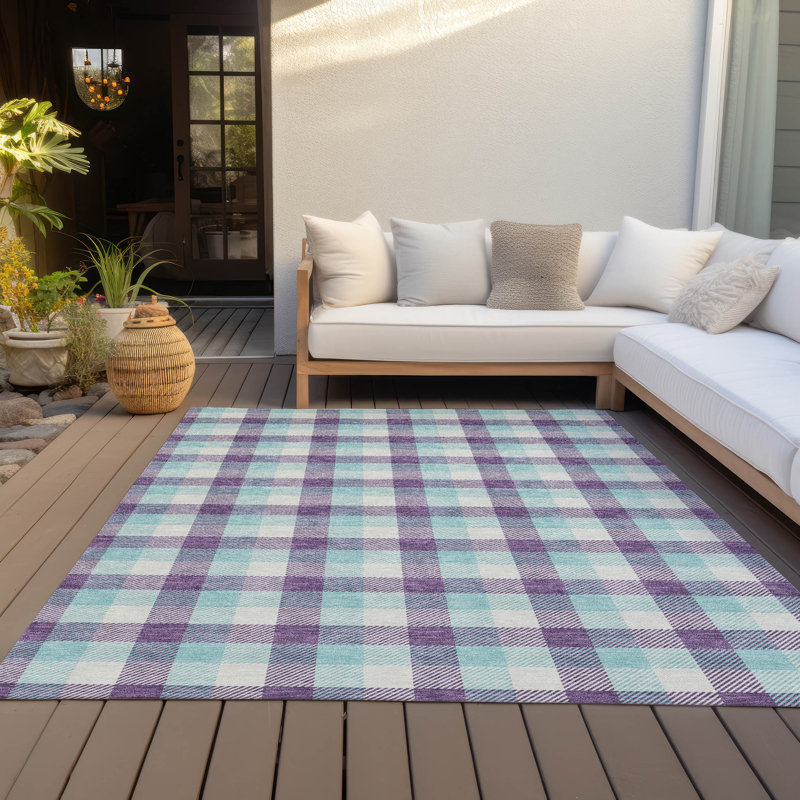 Purple and Aqua Plaid Washable Synthetic Area Rug