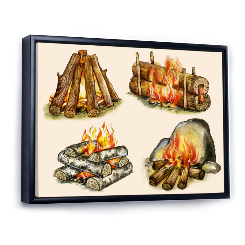Quatre types de feux de camp - peinture sur toile, H 34 po x l 44 po, Toile à cadre flottant noir