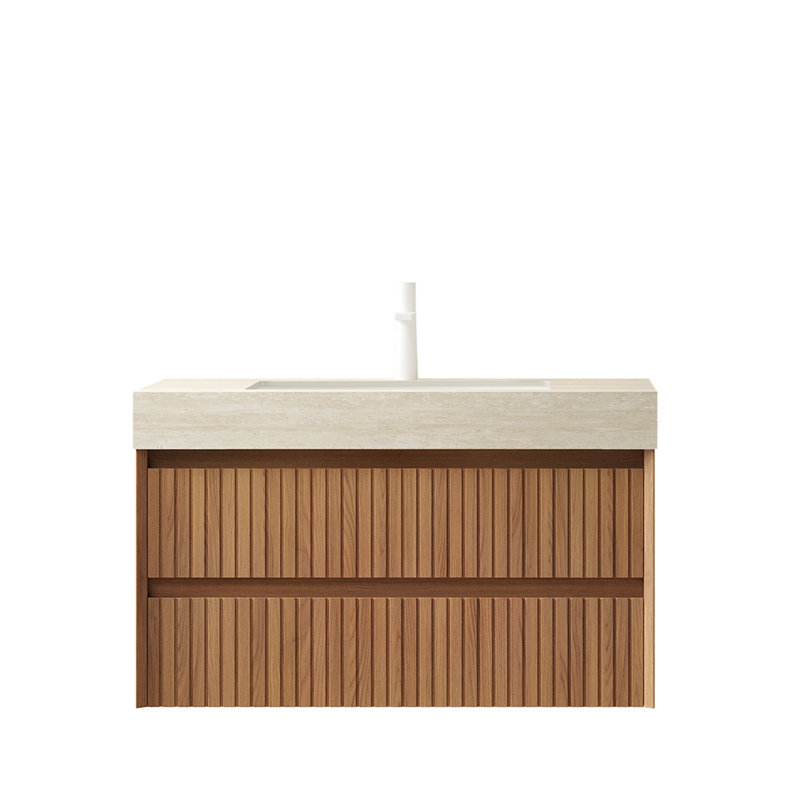 Meuble-lavabo et lavabo 36 po Tilley, armoire de rangement flottante en contreplaqué rayé avec 2 tiroirs, plateau en pierre frittée à motif de travertin avec vasque encastrée en céramique, pré-assemblé, couleur grain de bois espresso