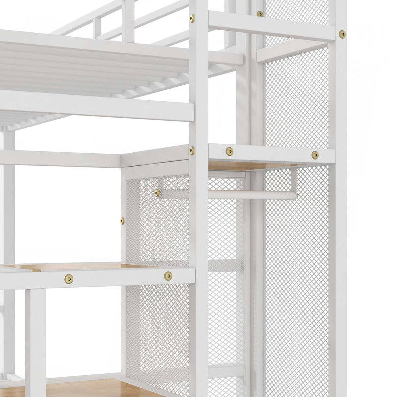 Lit superposé simple au dessus d'un lit double en métal avec escalier de rangement et garde-robe ouverte, Blanc