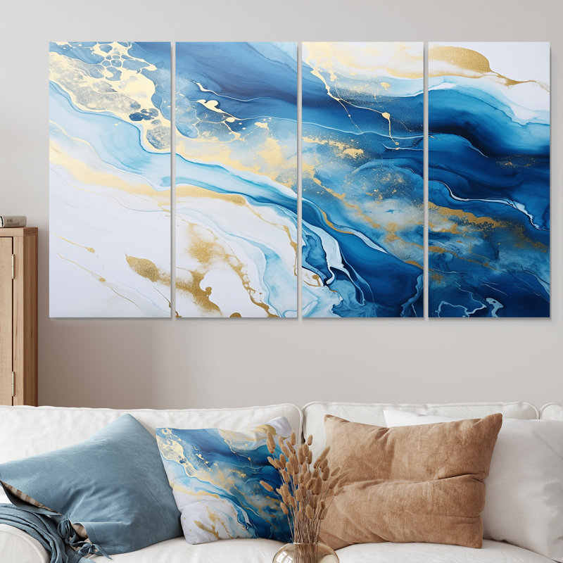 Sun Rays Ocean Blue White Gold I - Ensemble de 4 décorations murales plage et océan, H 28 po x l 48 po